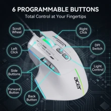 Acer OMW950 有线静音游戏鼠标，适用于 FPS 游戏，白色电竞背光版（7 个宏按键 + RGB 灯光），标准配置 - 查看 2