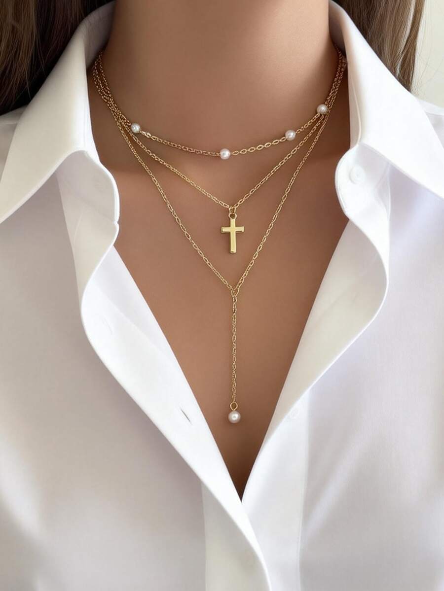 Bộ 2 dây chuyền chữ Y mặt dây chuyền ngọc trai giả và thánh giá thanh lịch, phù hợp cho nữ giới đeo hàng ngày, hẹn hò, lễ hội âm nhạc, dự tiệc. - Vàng - Xem 1