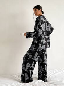 2 piezas Conjunto de pijama de lujo con estampado animal, top de manga larga con cuello en V profundo + pantalones de pierna ancha, ropa de casa casual - Negro - Ver 2