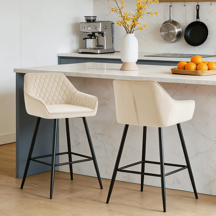ZOONFA Bar Stools Beige Velvet Breakfast Stools Upholstered Kitchen Bar Chairs With Armrest & Backrest Barstools For Kitchen Counter
