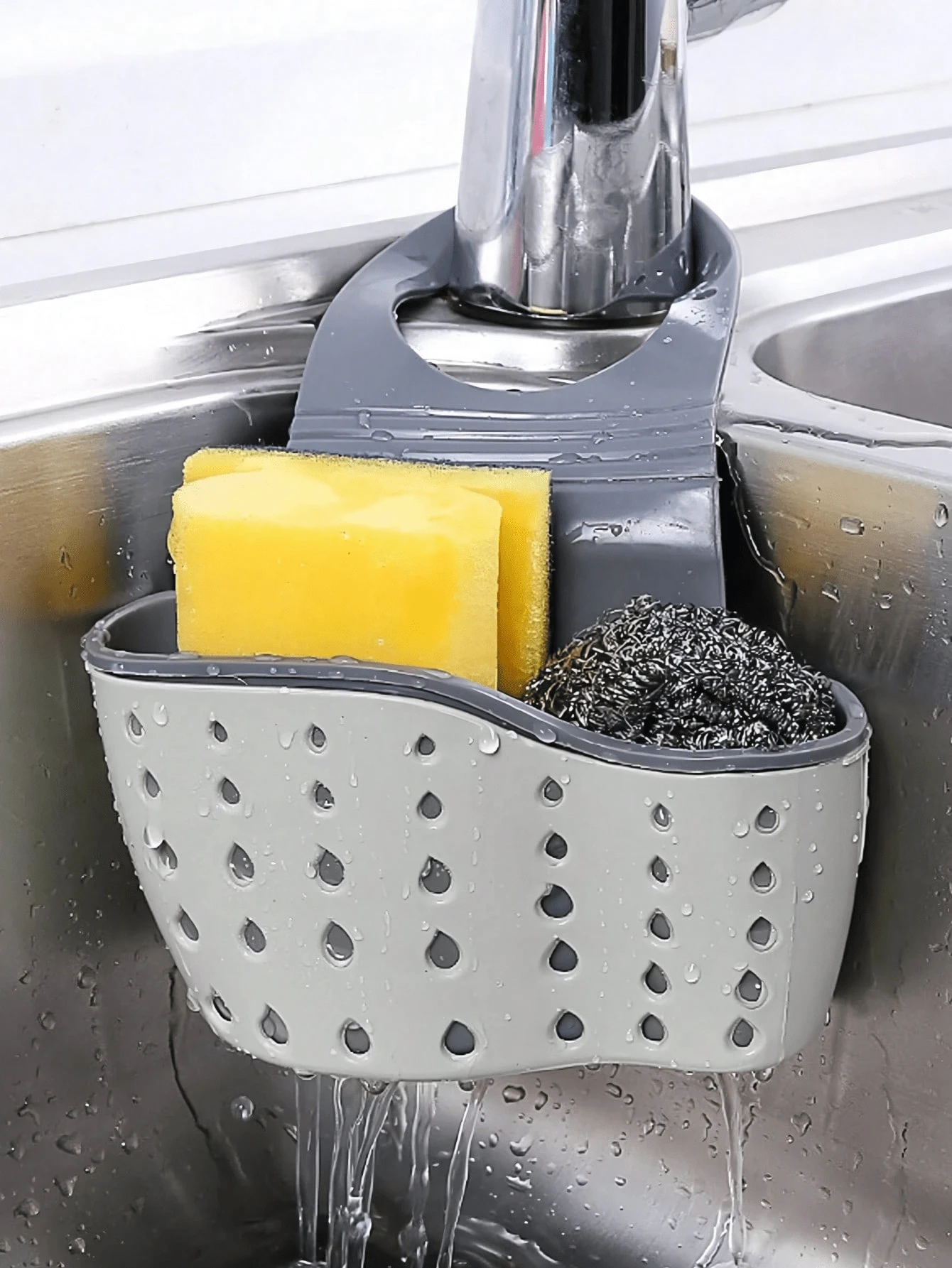 1 buah Keranjang Pengering Gantung Wastafel Silikon dengan Tali yang Dapat Diatur, Cocok untuk Menyimpan Spons dan Kain Lap, Pengatur Dapur yang Ideal