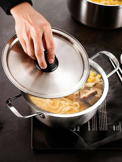 Brodark 1pc 18CM Thick Stainless Steel Natural Color Seafood Pot, Ramen Pot, Korean Army Stew Pot, Mini Hot Pot Set With Lid, Compatible With Induction Cooktop And Gas Stove