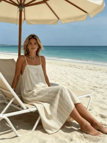 2026 Nouvelle robe d'été longue minimaliste à rayures en lin pour femmes, robe ample sans manches à col carré avec poches latérales et bretelles, robe d'été élégante - Nude - Voir 6