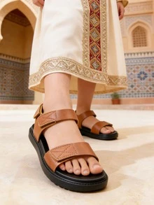 1 Pair Fashion Children's Sandals, Brown Girls' Flat Sandals, 3 Hook And Loop Design, Soft Non-Slip Wear-Resistant Sole, Suitable For Summer Outings, Banquets, Parties, Vacations - Brown - View 2