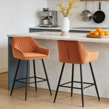 ZOONFA Orange Velvet Upholstered High Bar Stool With Armrest & Backrest, Breakfast Kitchen Stool For Counter - Orange - View 2