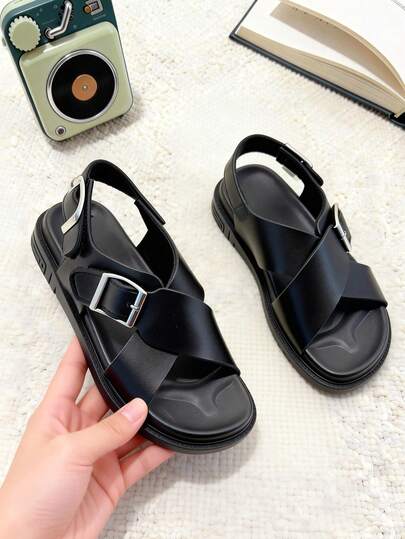1 Pair Fashion Children's Sandals, White Girls' Flat Sandals, Metal Buckle Decor Hook And Loop Design, Soft Non-Slip Sole, Suitable For Summer Outings, Banquets, Gatherings, Parties, Holidays, Leisure Vacations