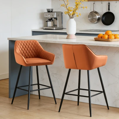 ZOONFA Orange Faux Leather Upholstered High Bar Stool With Armrest & Backrest, Breakfast Kitchen Stool For Counter