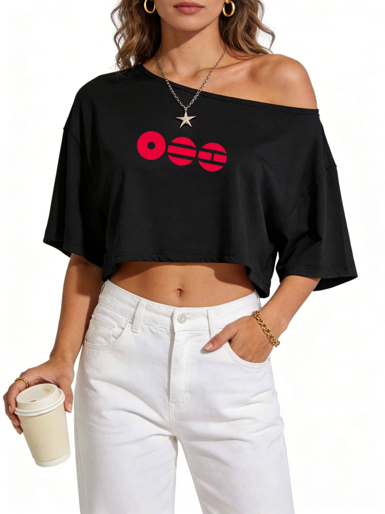 Women's Black Off-Shoulder Crop Top, BTS4 Logo Graphic Kpop Casual Short Sleeve Tee, Bangtan Army Merch, BTS4 Fan Gift, Casual Daily Wear, BTS4 Fan Merch, Kpop Concert Outfit, Music Festival, Streetwear. - Đen 3 - Xem 1