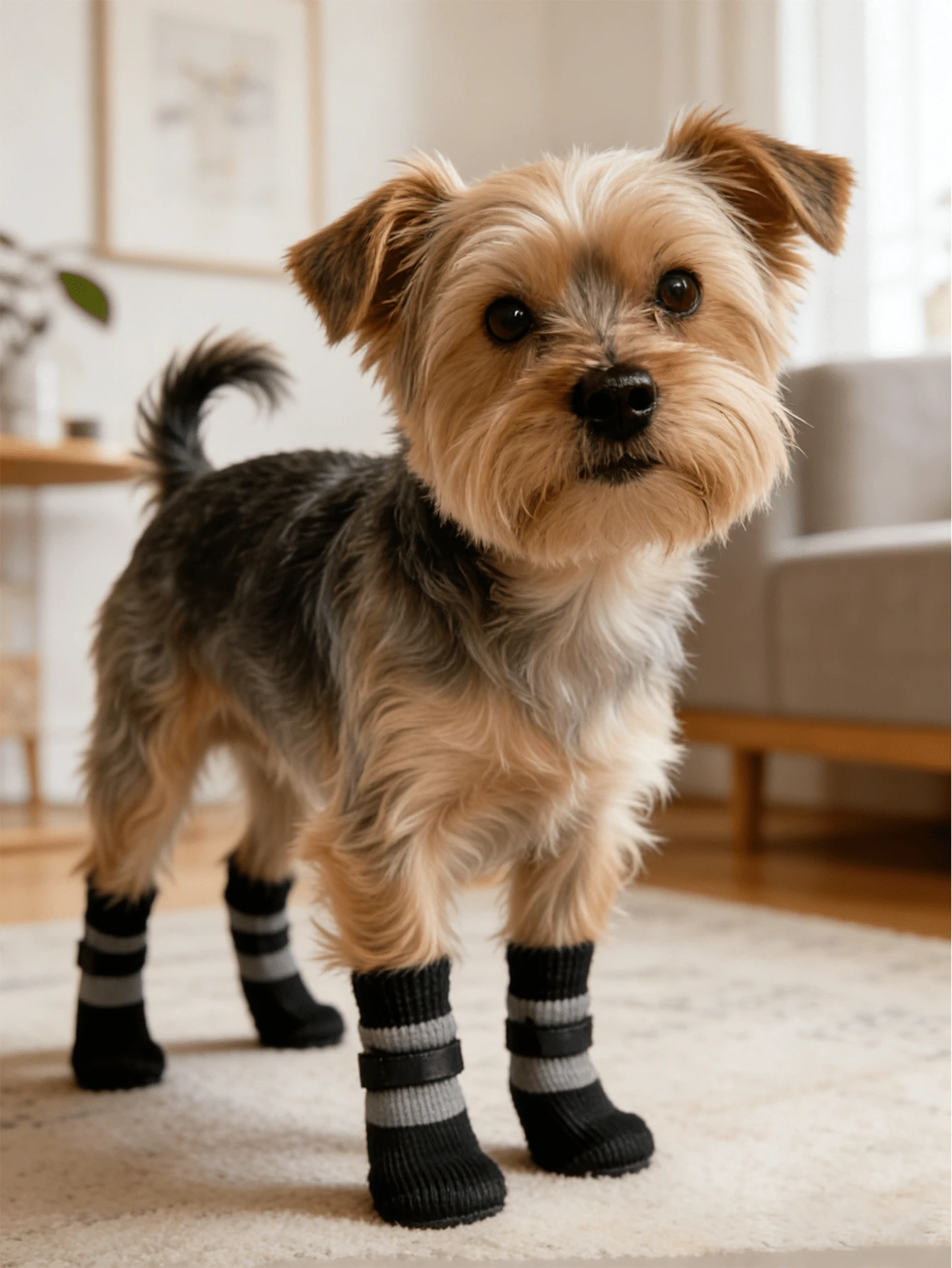 4只装防水犬猫爪套，适用于柴犬、博美犬、柯基犬等犬种，可在雨雪、高温地面保护爪子，室内外均可使用，适合宠物领养日、日常散步、跑步、玩耍等场合，防滑、可水洗、可重复使用，底部柔软，防抓挠，透气性好。