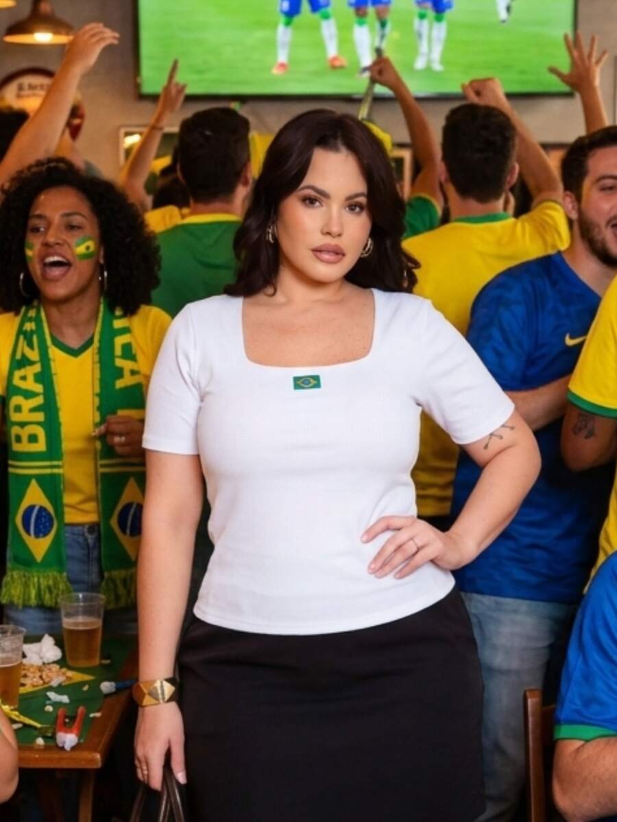 Women's Plus Size Blouse Brazil Square Neck Casual Plus Ribbed Premium Sizes 44 46 48 50 52 54 GG G1 World Cup - 巴西短版襯衫 - 白色 - 查看 1