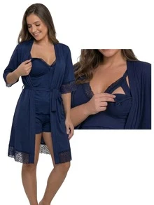 Baby Doll Kit With Easy-Open Button Nursing Bra + Comfortable Robe For Maternity, Hospital Outfit, And Postpartum Wear - Navy Blue - View 1