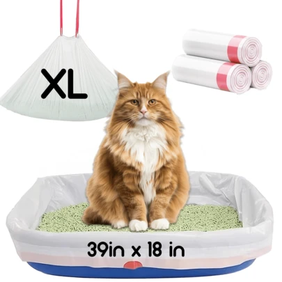 Forros para caja de arena para gatos - Jumbo 39x18 pulgadas, 30 unidades | Forros para caja de arena para gatos extra gruesos y resistentes a rasgaduras | Bolsas para caja de arena resistentes con cordón para una limpieza fácil, sin perfume
