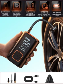 便攜式充氣泵附壓力表空氣壓縮機 - 汽車配件，快速汽車充氣泵，150PSI 汽車充氣泵附 LED 燈，迷你智能充氣泵，適用於汽車/自行車/摩托車/運動球 (7.4V 1500MAH) - 黑橙色 - 查看 12