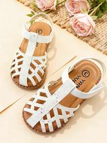 1双夏季幼儿凉鞋，米色女童平底凉鞋，魔术贴包头设计，柔软防滑鞋底，适合夏季郊游、宴会、派对、度假等场合。 - 米色 - 查看 6