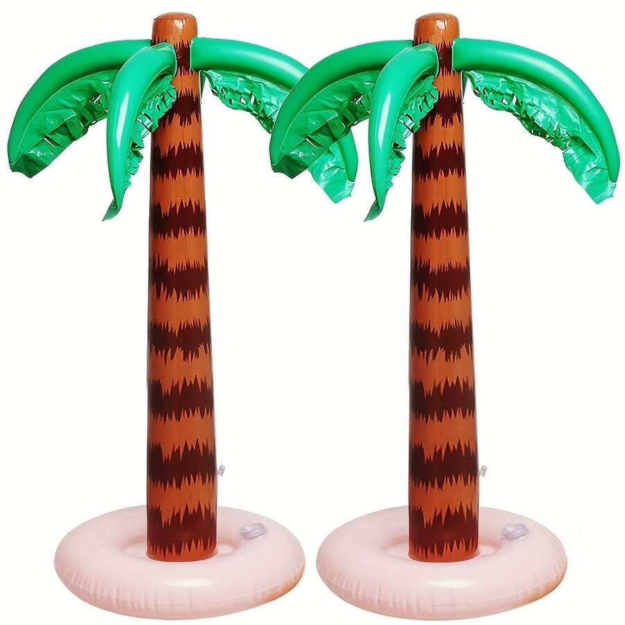 2pcs Inflatable Tropical Coconut Palm Trees - Upright Decorations, Pool Inflatable Palm Trees, Hawaiian Tropical Theme, Suitable For Birthday Parties, Summer Themes And Hawaiian Style Celebrations, Green With Pink Base, Tropical Theme | PVC Material, Inflatable Decor, Pool Party Decorations, Photo Booth Props, Suitable For Gatherings And Entertainment Activities! Summer Water Fun, Beach Games, Party Entertainment, Water Activities - Multicolor - View 1