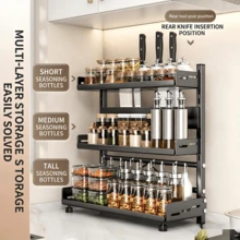 Spices Organizer Rack, 2/3 Tier Adjustable Carbon Steel Spice Rack With Knife & Spoon & Cutting Board Holder, Extra Wide Thickened Countertop Storage Shelf, Height Adjustable Space Saving Kitchen Organizer For Spice Jars Oil Bottles Cookware - Grey - View 1