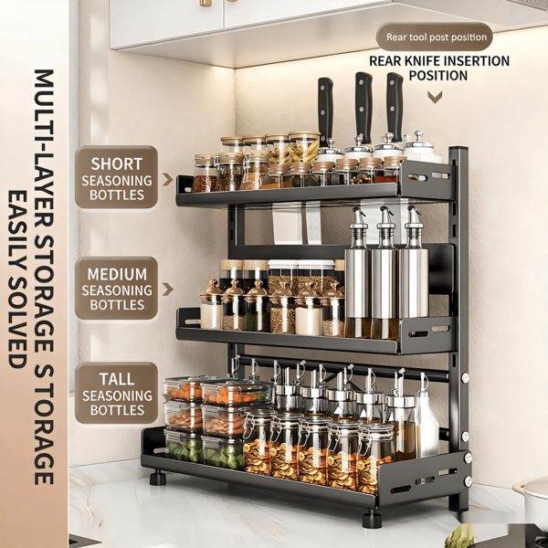 Estante para especias de cocina de acero inoxidable gris plomo, organizador multifuncional de condimentos para encimera, soporte todo en uno para cuchillos, palillos y tabla de cortar.