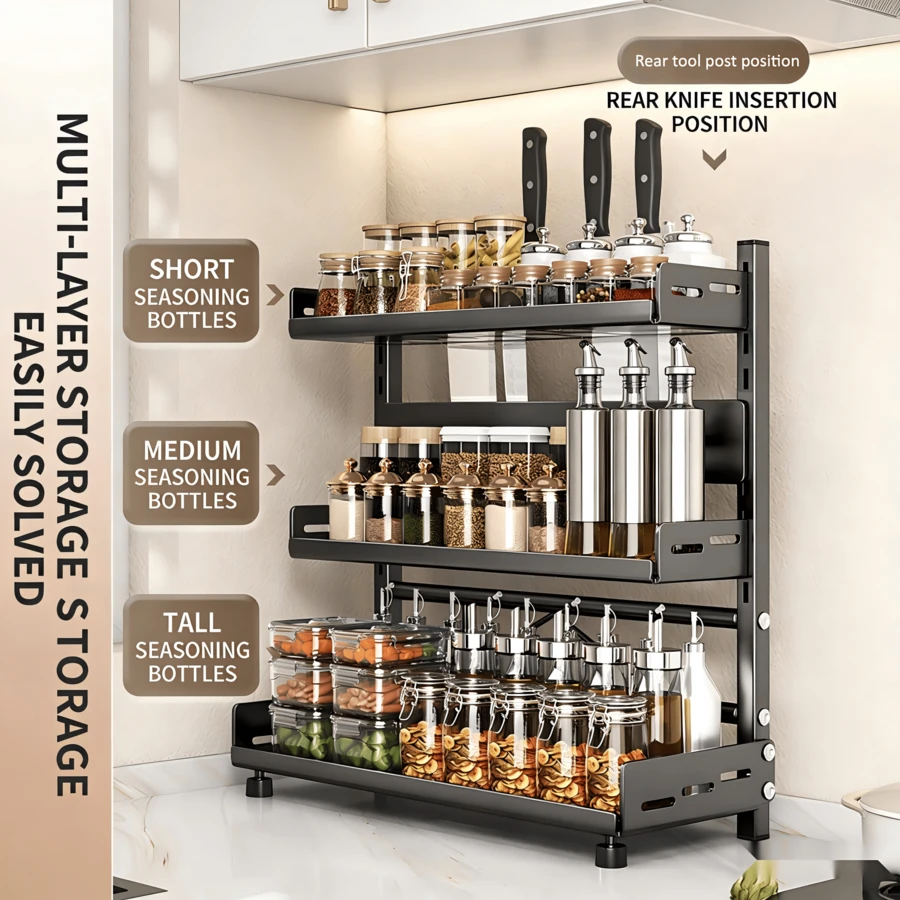 Spices Organizer Rack, 2/3 Tier Adjustable Carbon Steel Spice Rack With Knife & Spoon & Cutting Board Holder, Extra Wide Thickened Countertop Storage Shelf, Height Adjustable Space Saving Kitchen Organizer For Spice Jars Oil Bottles Cookware - Grey - View 1