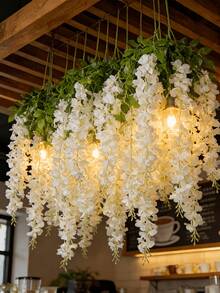 12/24pcs Artificial White Wisteria Wreath, Made Of UV-Resistant Plastic Vines And Real Green Leaves - Outdoor/Hanging Wreath, Suitable For Wedding, Porch, Garden Decor, Valentine's Day Decor - White - View 2