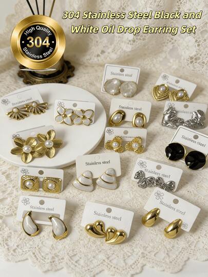 20 Pieces / Fashionable New Style Stainless Steel Earrings / Handmade Drip Oil Fruit And Butterfly Randomly Mixed Style Cartoon Large-Sized Titanium Steel Ear Studs Set. Made By Hand, With Different Thickness And Size. [Produced In Dongguan] Random Shipment