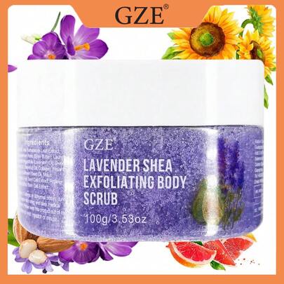GZE薰衣草精油身体磨砂膏，蕴含乳木果油、胶原蛋白和杏仁油——天然去角质盐磨砂膏，具有身体和面部护理功效，有助于滋润肌肤，淡化妊娠纹、痤疮、橘皮组织、死皮和皱纹。