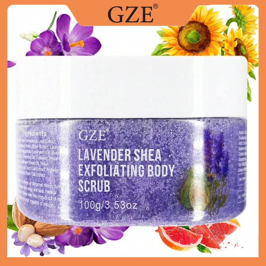 GZE薰衣草精油身体磨砂膏，蕴含乳木果油、胶原蛋白和杏仁油——天然去角质盐磨砂膏，具有身体和面部护理功效，有助于滋润肌肤，淡化妊娠纹、痤疮、橘皮组织、死皮和皱纹。 - 紫色 - 查看 1