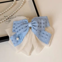 1pc Cute Plaid Bow Ponytail Claw Clip, Sweet Hair Accessory For Spring/Summer, Suitable For Holidays And Vacations Vacay Hair Clips Beach Hair Claws,Travel,Birthday - Blue - View 3