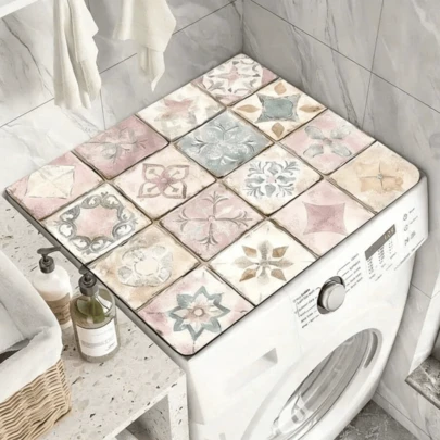 1-Piece Bohemian Washing Machine Dust Cover, Pink, With Colorful Tile Patterns, Suitable For Laundry Equipment And Kitchen Decoration, Applicable To Most Standard-Sized Washing Machines, Can Be Used For Home Decoration, Table Decoration, Party Decoration, Wedding Decoration, Restaurant And Kitchen Decoration, Room Decoration, Etc.