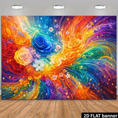 2D彩色花卉派对横幅背景。采用优质涤纶材质，饰以多色玫瑰、散落的小花和动态色彩效果。无需电源，适用于室内/室外活动，可用作墙面装饰或摄影背景。是家庭聚会、办公室活动、户外派对、影棚布置和节日礼物的理想之选。轻便易挂，防水易清洁，营造活力浪漫的氛围。