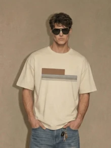 Men's Stripe Print Casual Round Neck Short Sleeve T-Shirt, Summer - Apricot - View 2