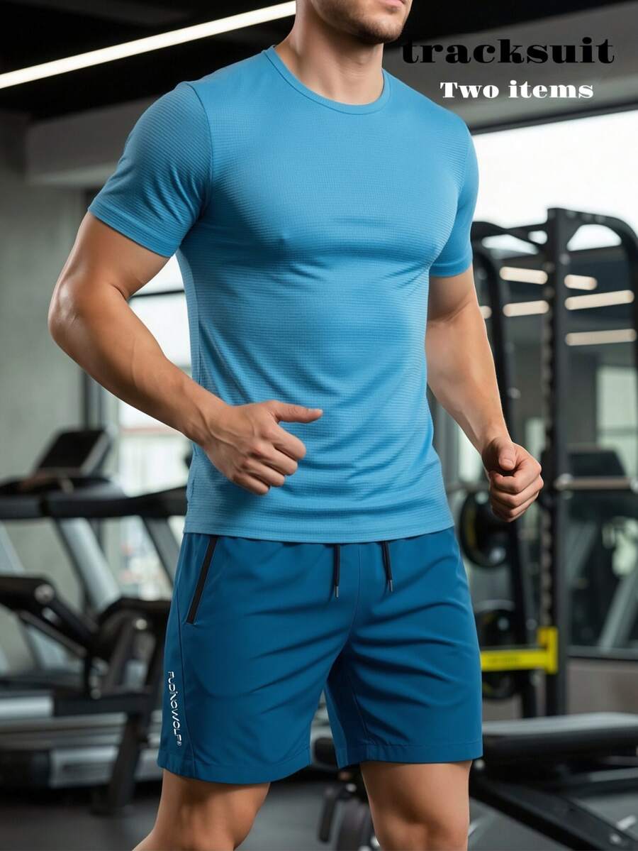 Bộ 2 món gồm áo thun cổ tròn và quần short nam mùa xuân/hè, có túi khóa kéo, thích hợp cho tập gym, leo núi, chạy bộ, đi biển, trang phục thường ngày và hoạt động thể thao ngoài trời. - Nhiều màu - Xem 1