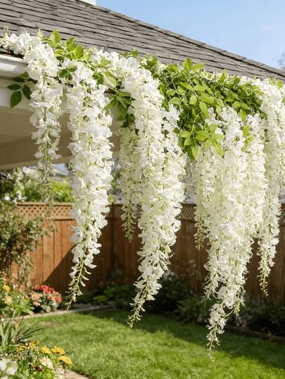 12/24pcs Artificial White Wisteria Wreath, Made Of UV-Resistant Plastic Vines And Real Green Leaves - Outdoor/Hanging Wreath, Suitable For Wedding, Porch, Garden Decor, Valentine''s Day Decor