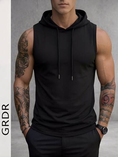  GRDR Men's Solid Color Drawstring Hooded Casual Versatile Vest