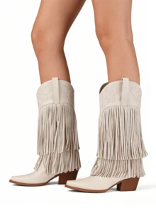 Knee High Boots For Women Rhinestone Fringe Wide Calf Pointed Toe Chunky Heel Western Long Tall Boot Cowgirl Cowboy Boots Pull On Retro Concert Festival Statement Boots - Màu be - Xem 4