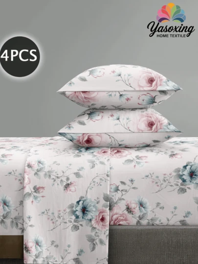 Bộ 4 món ga trải giường họa tiết hoa hồng trắng hồng và xanh dương, dễ giặt, chất liệu microfiber mềm mại, bao gồm ga trải giường có chun (1 ga phẳng + 1 ga có chun + 2 vỏ gối). Bộ ga trải giường có chun cỡ King, Queen, Full, Twin, có chun sâu đến 11.8 inch (khoảng 30cm), mềm mại, thoáng khí, không nhăn, giúp ngủ ngon hơn, phong cách khách sạn sang trọng, quà tặng cho bố mẹ, bạn bè, bộ ga trải giường in hoa thanh lịch và lãng mạn.