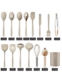 12pcs/15pcs/32pcs Silicone Cooking Utensil Set - Heat Resistant Kitchen Tools, Spatula, Tongs, Ladle, Brush, Whisk, Kitchen Gadget Set For Non-Stick Pots And Pans, Dishwasher , Great Gift - Khaki - 15pcs - View 2