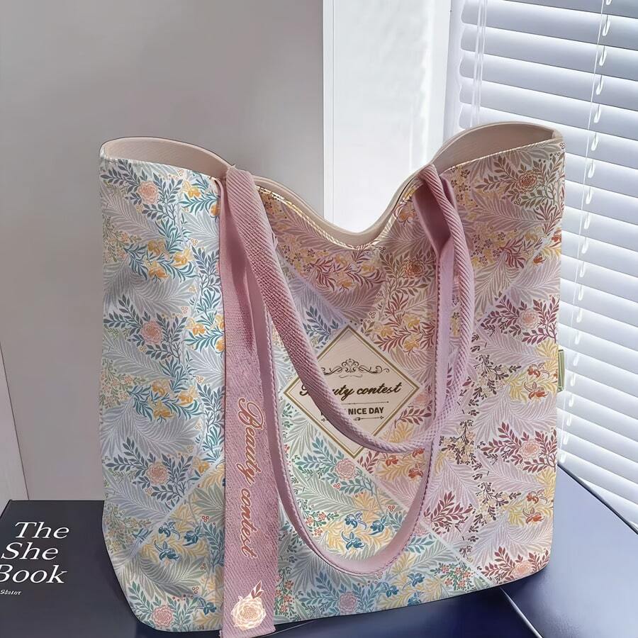 1pc Pink Floral Pattern Handbag, Floral Tote Bag With Pockets, Ditsy Floral Gift Bag, Suitable As Gift For Women, Friends, Bridesmaids, Birthday, Anniversary, Wedding, Back To School - View 1