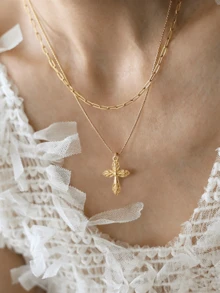 1件不锈钢防水不褪色金色回形针项链，配十字架吊坠，双层颈链，适合女性日常佩戴 - 金色 - 查看 1