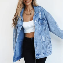 Áo khoác denim tay dài kiểu sinh viên, cài cúc trước, đính sequin và có túi. - Màu xanh lam - Xem 10