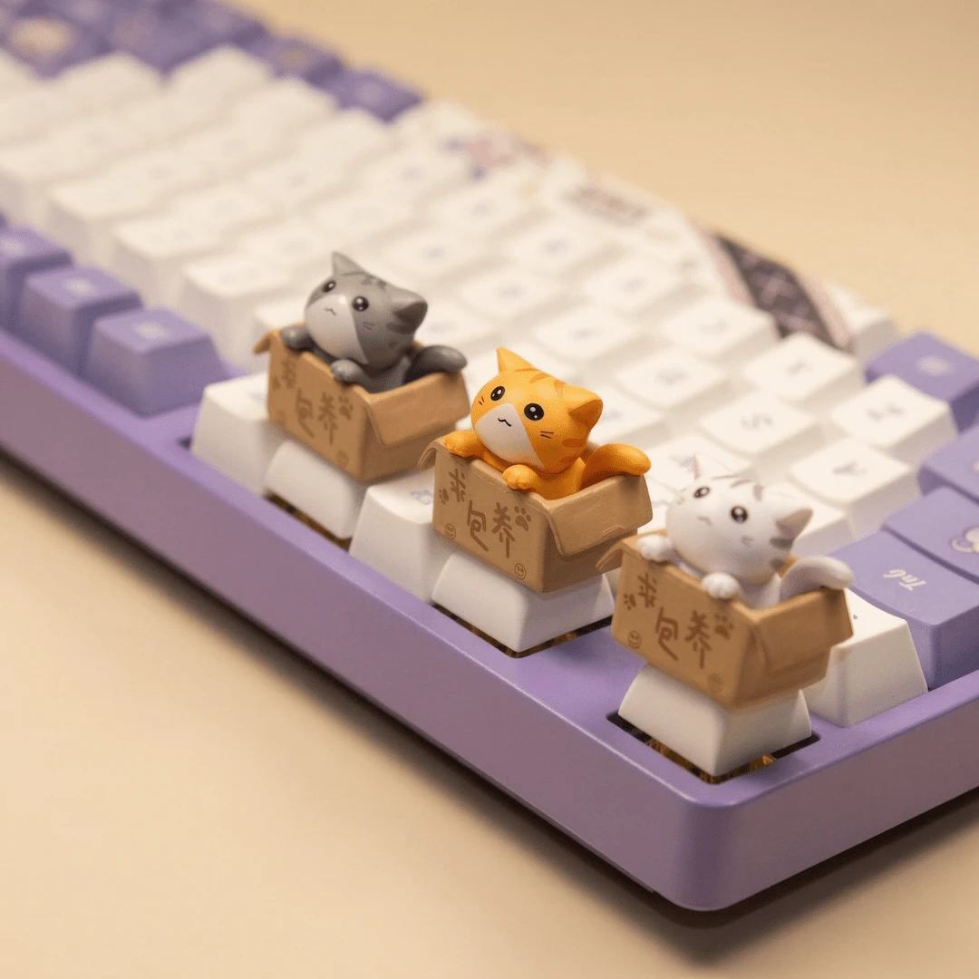 3 Color Cat Keycaps Set | Gray Orange White Kitty Box Design | Mechanical Keyboard Accessories - View 1