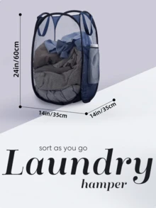 Collapsible Pop-Up Laundry Basket – Hamper With Sturdy Handles & Side Pocket. Mesh Design Makes It Portable And Foldable, Ideal As A Dirty Clothes Hamper For Dorms, Laundry Rooms And Bathrooms-Practical For Organized Clothing Storage. - xanh đậm - Xem 2