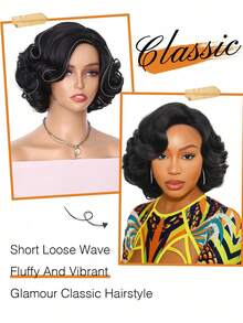 Peluca sintética elegante y retro con ondas de dedo de 6 pulgadas, con textura de cabello natural adecuada para fiestas, bodas y uso diario - Negro - Ver 5