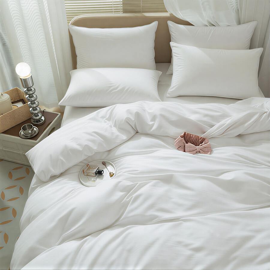 3Pcs White Duvet Cover Set King Queen Full Twin Size Bedding Set With 2 Pillow Shams Envelope Closure, Hotel Collection Breathable Cooling Comforter Covers For Bedroom Guest Room Master Suite, Hidden Zipper Bottom Opening & 8 Corner Ties Inside Securely Hold Duvet Insert In Place Prevent Slipping Shifting Bunching, Solid Plain Dyed Pure Black Minimalist Modern Simple Aesthetic Boho Farmhouse Vintage Chic Home Decor Bed Linen, Lightweight Cozy All Season Year Round Summer Spring Fall Winter Cool Touch,Machine Washable Easy Care Quick Dry Wrinkle Resistant Anti Fade Anti Pilling Stain Resistant Durable Dorm Room Essentials,Perfect Gift Idea For Women Men Couples Wedding Registry Housewarming Christmas Birthday Anniversary Holiday Vacation Home Cabin Apartment Condo RV, Matching Flat Sheet Fitted Sheet Sold Separately Create Complete Bedding Ensemble - 白色 - 查看 1