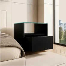 Buro Para Recámara Moderno Mesita De Noche Con Templado ,Minimalista Estilo,Mueble Auxiliar para Recamara Moderno, Mesa de Noche con Espacio de Almacenamiento,para Dormitorio, Armario, Pasillo, guardería, Mesa Auxiliar, Mueble Lateral - Negro - Ver 3