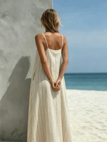 2026 Nouvelle robe d'été longue minimaliste à rayures en lin pour femmes, robe ample sans manches à col carré avec poches latérales et bretelles, robe d'été élégante - Nude - Voir 8