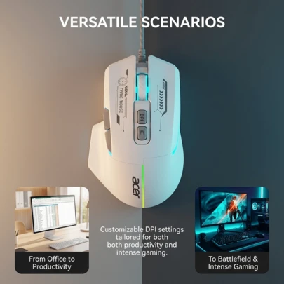 Acer OMW950 有线静音游戏鼠标，适用于 FPS 游戏，白色电竞背光版（7 个宏按键 + RGB 灯光），标准配置