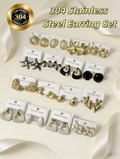 20 Pieces / Fashionable And Innovative Stainless Steel Earrings / A Set Of Large-Sized Ear Studs Featuring Cartoon-Style Designs With Mixed Oil-Drop Fruits And Butterfly Patterns. Handmade, With Varying Thickness And Size. [Produced In Dongguan] Shipped Randomly