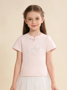 Girls' Short Sleeve T-Shirt, Antibacterial Fabric, Chinese Style Printed Summer Top - Pink - View 1