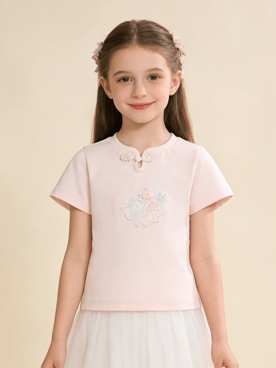 Girls' Short Sleeve T-Shirt, Antibacterial Fabric, Chinese Style Printed Summer Top - Pink - View 1
