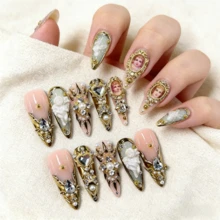 Handmade Luxury Baroque 3D Angel Gold Rhinestone Press On Nails, Reusable DIY Acrylic False Nails For Party & Prom - JP3591 - Xem 3